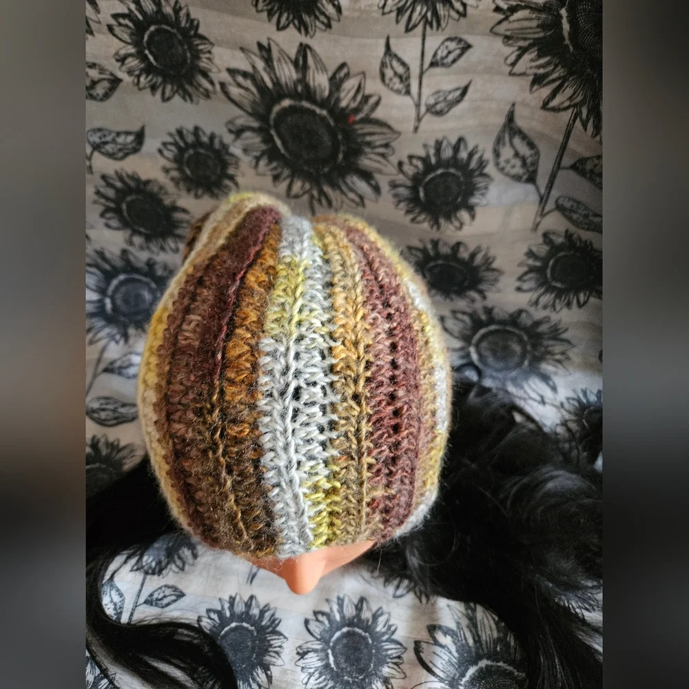 Crochet Wool Mix Slouchy Green Brown Beanie Hat - Picture 5 of 12